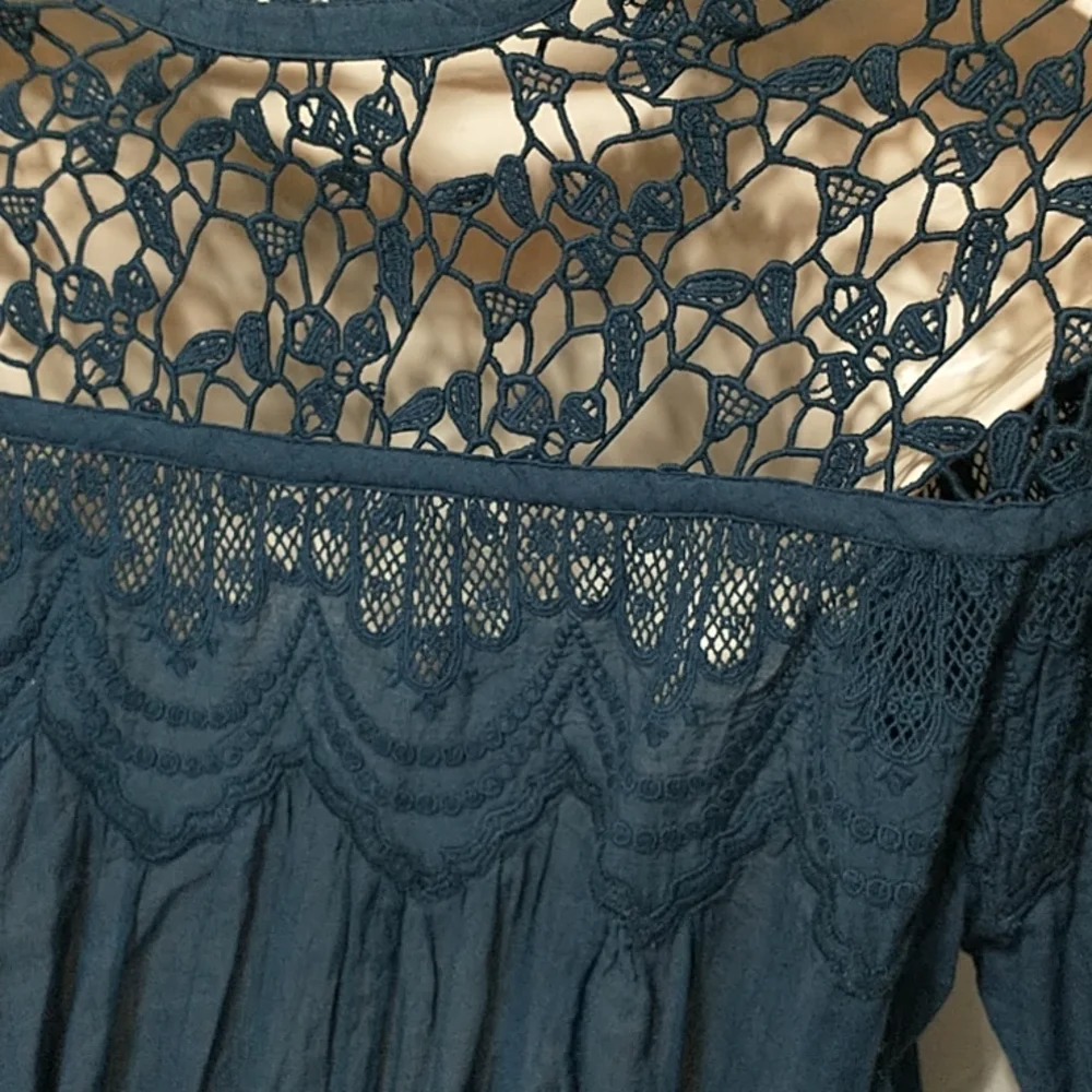 Free People Santa Paula Navy blue long sleeve blouse women size XS